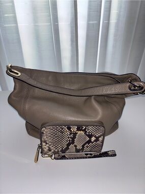 Michael Kors Taupe Leather Shoulder Bag with Snake-Print Wallet